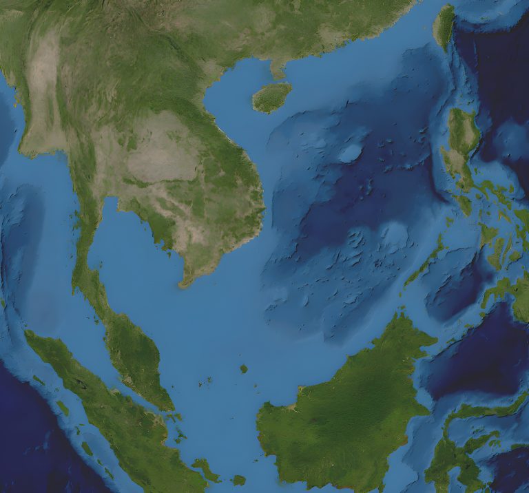 Satellite-style map showing Southeast Asia and the surrounding seas, focusing on the South China Sea and the West Philippine Sea. The map includes parts of China, Vietnam, Thailand, Malaysia, Indonesia, the Philippines, and Borneo. The land areas are shown in green and brown tones, while the ocean depths are represented in varying shades of blue, illustrating underwater topography.
